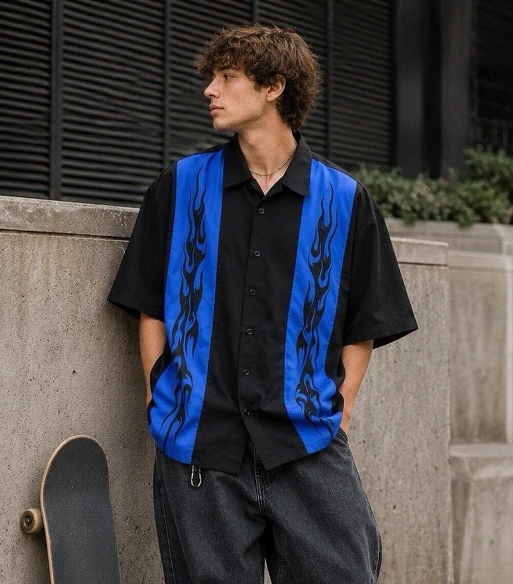 Vintage Dragonfly XL Black Blue Flame Bowling Shirt Y2K Tribal Biker Hot Rod